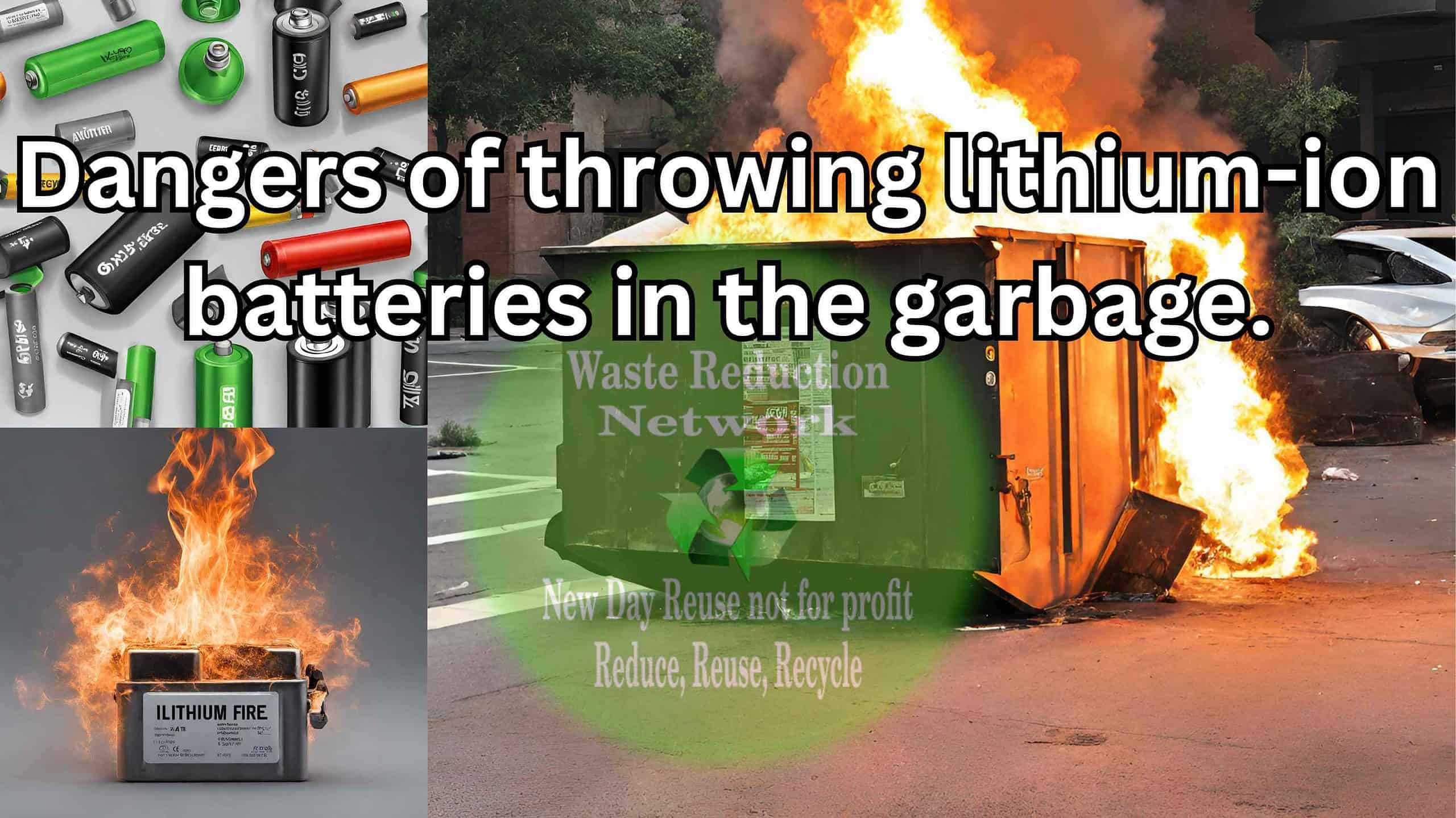 Dangers Of Throwing Lithium Ion Batteries In The Garbage. New Day Reuse inc 501(C)(3) Waste Reduction Network.