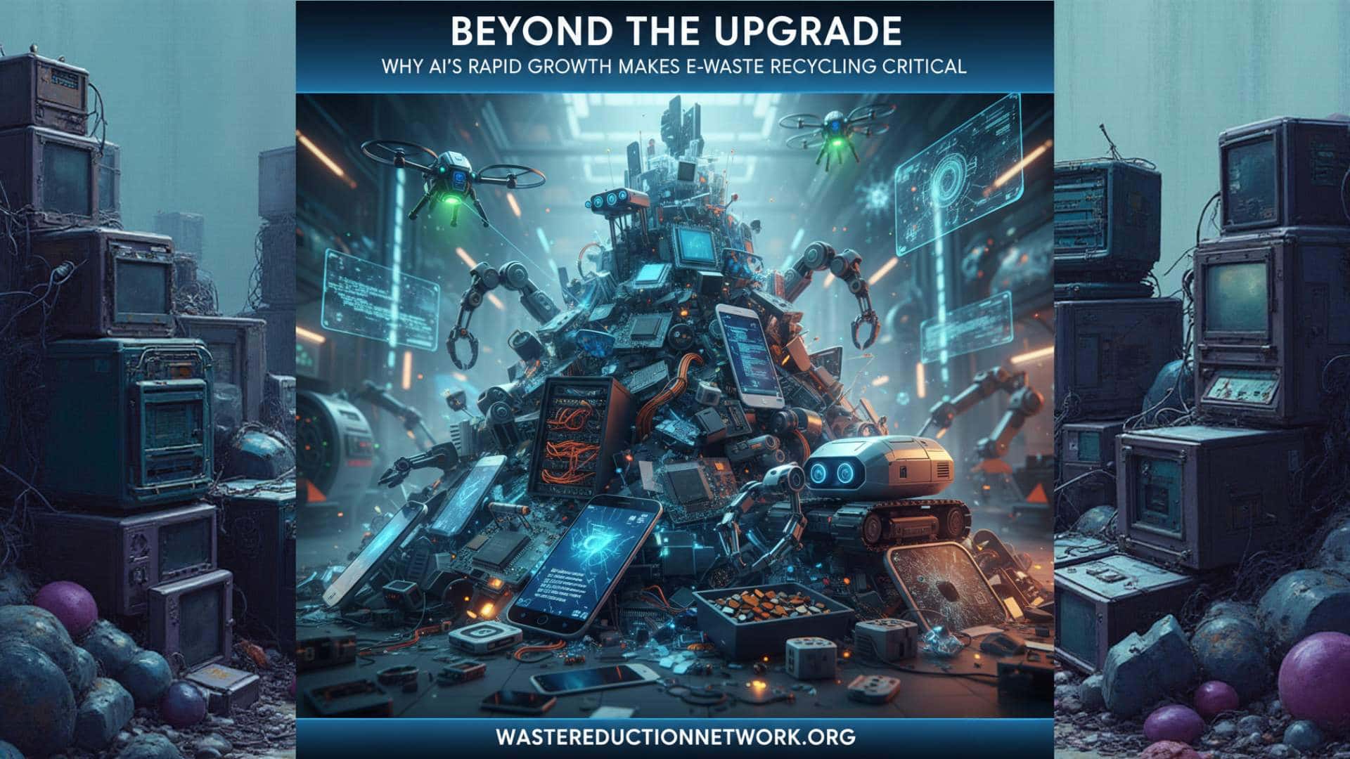 Futuristic robot arms sorting a pile of electronic waste and AI hardware for recycling.